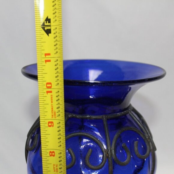 Vintage Cobalt Blue Hand Blown Caged Glass Vase - Picture 11 of 12